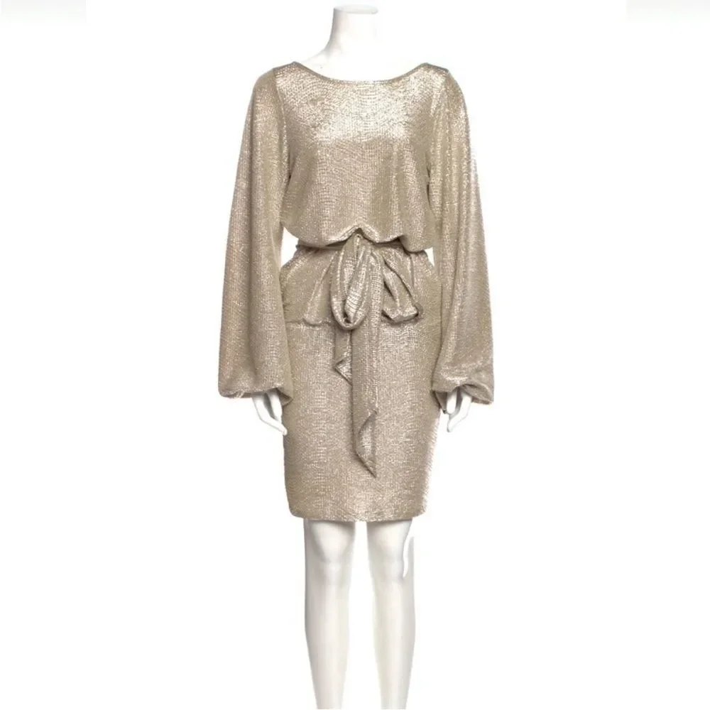 metallic blouson dress Pleated Metallic Blouson-Sleeve Midi Dress